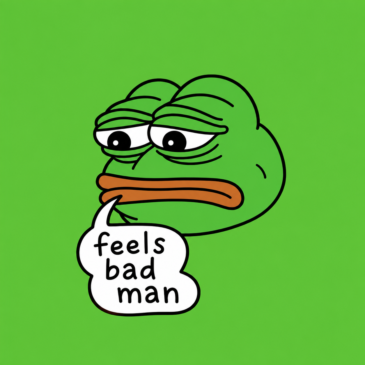 Sad green Pepe with drooping eyes saying feels bad man